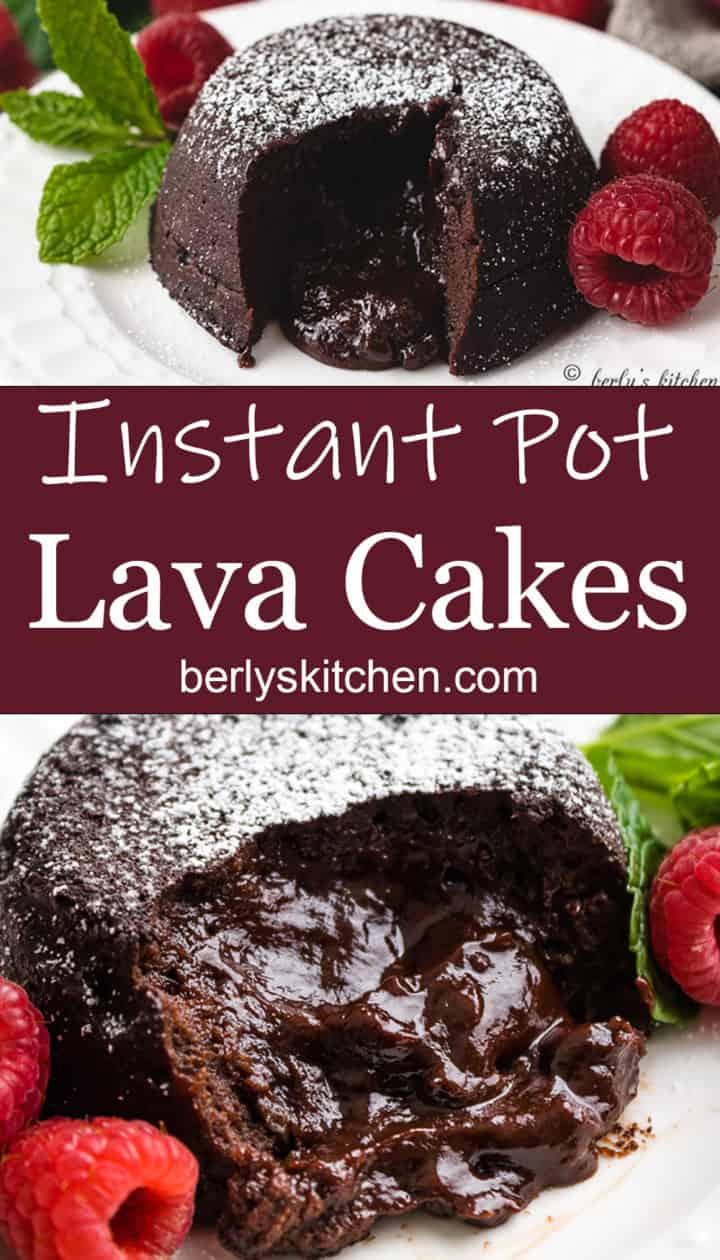 Two collage-style photos of lava cakes on a white plate.