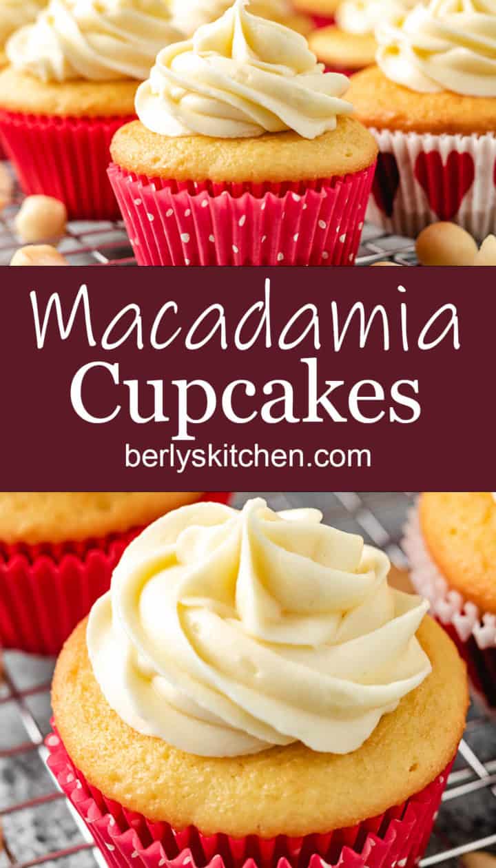 Collage style photo of several macadamia cupcakes in pink liners.