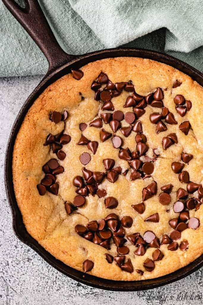 Top down view of mini skillet cookie in cast iron.