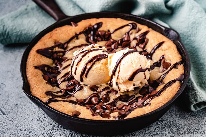 Mini skillet cookie in a cast iron skillet.