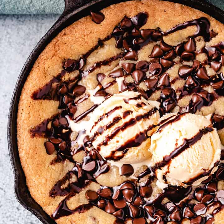 Top down view of a chocolate chip skillet cookie.