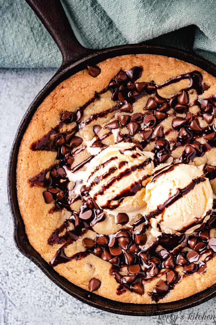 Top down view of a chocolate chip skillet cookie.