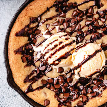 Mini Skillet Cookie with ice cream and chocolate syrup.