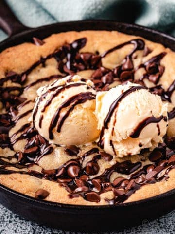Mini Skillet Cookie with ice cream and chocolate syrup.