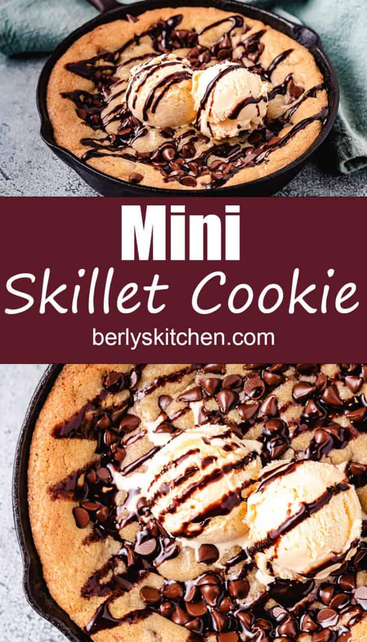 Two photos of a large chocolate chip cookie in a skillet.