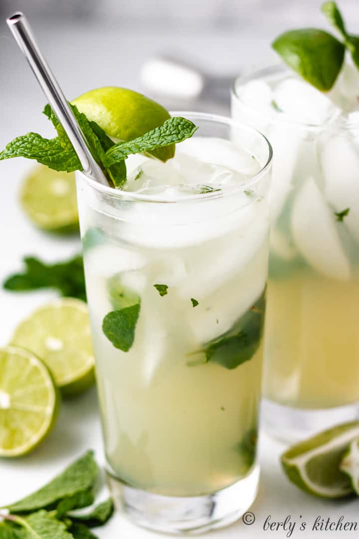 The lime and mint cocktails served over ice.