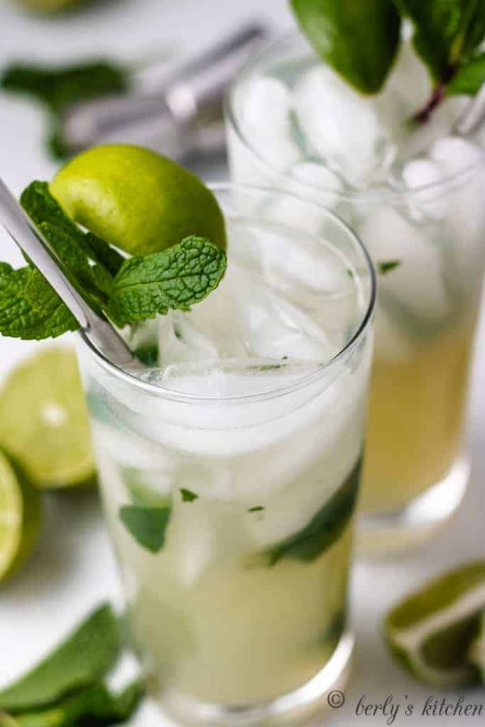 A close-up view of the finished lime and mint cocktail.