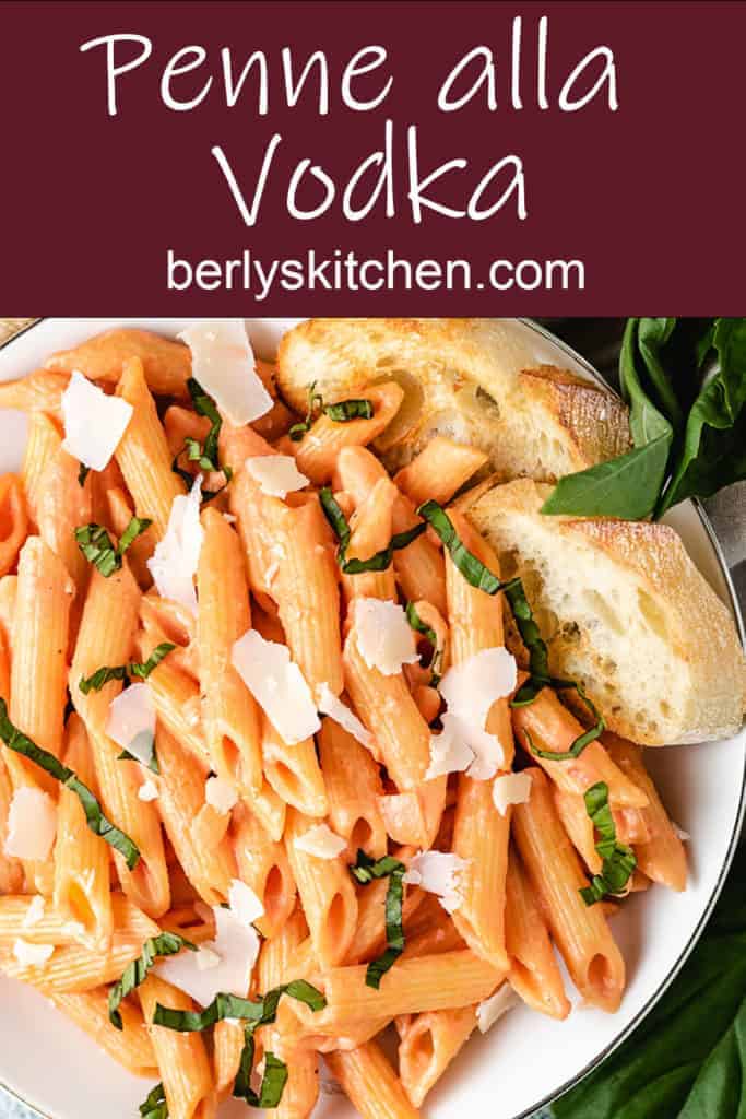 Penne noodles with pasta sauce, Parmesan, and fresh basil.