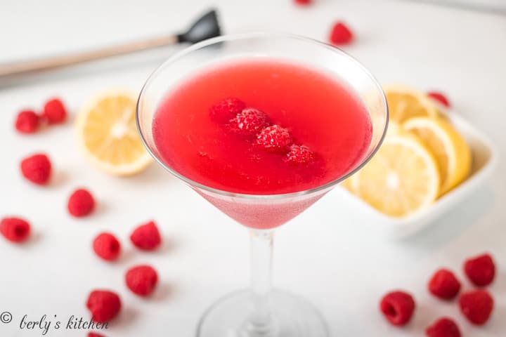 Raspberry Martini with Chambord and fresh raspberries.