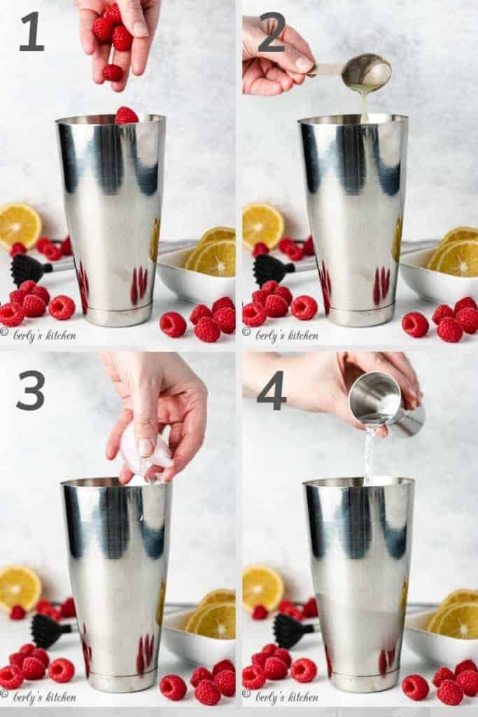 Collage of four photos showing how to make a raspberry martini.