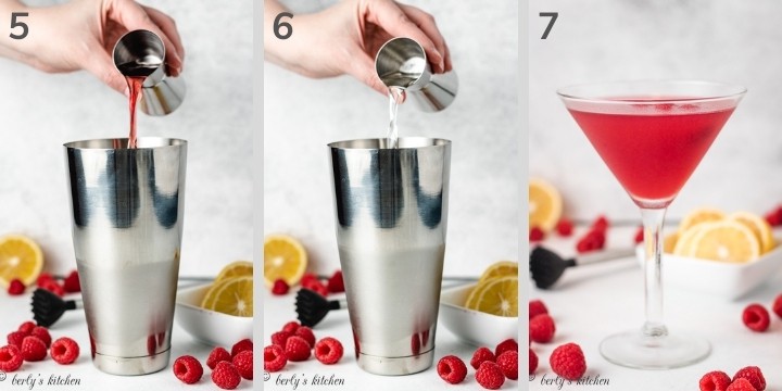 Collage of three photos showing the end of making a raspberry martini.