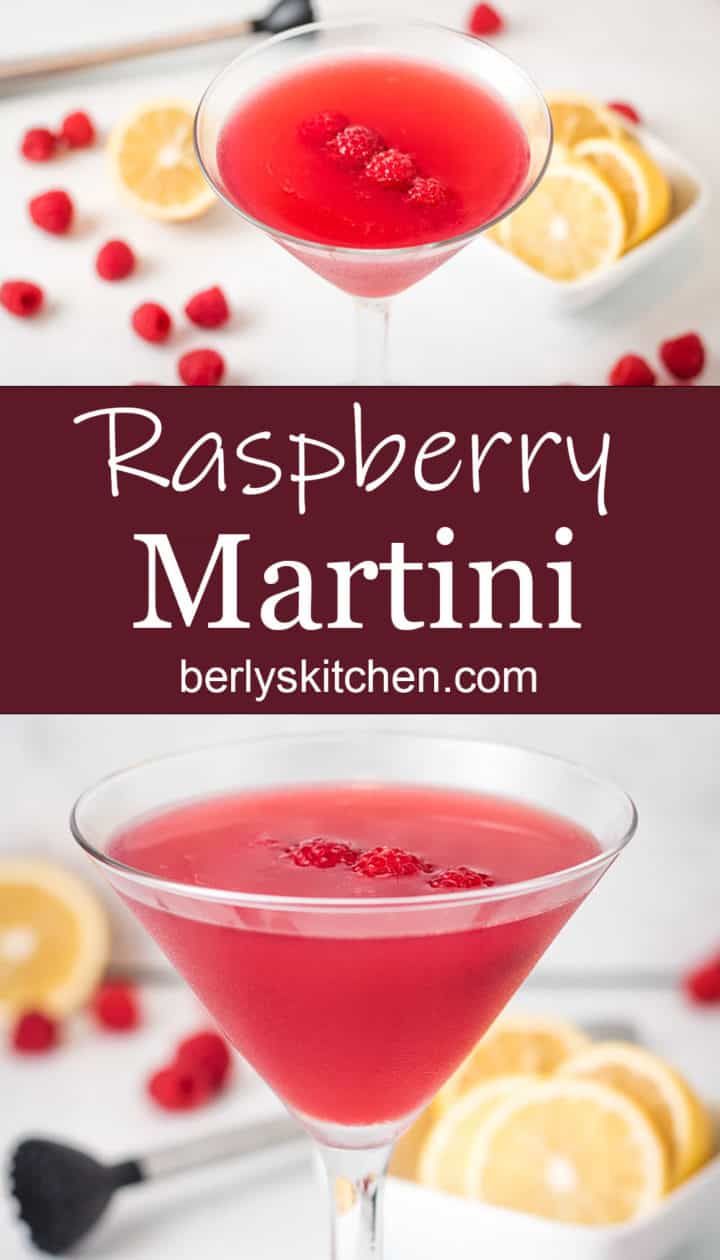 Raspberry martini in a long stemmed martini glass.