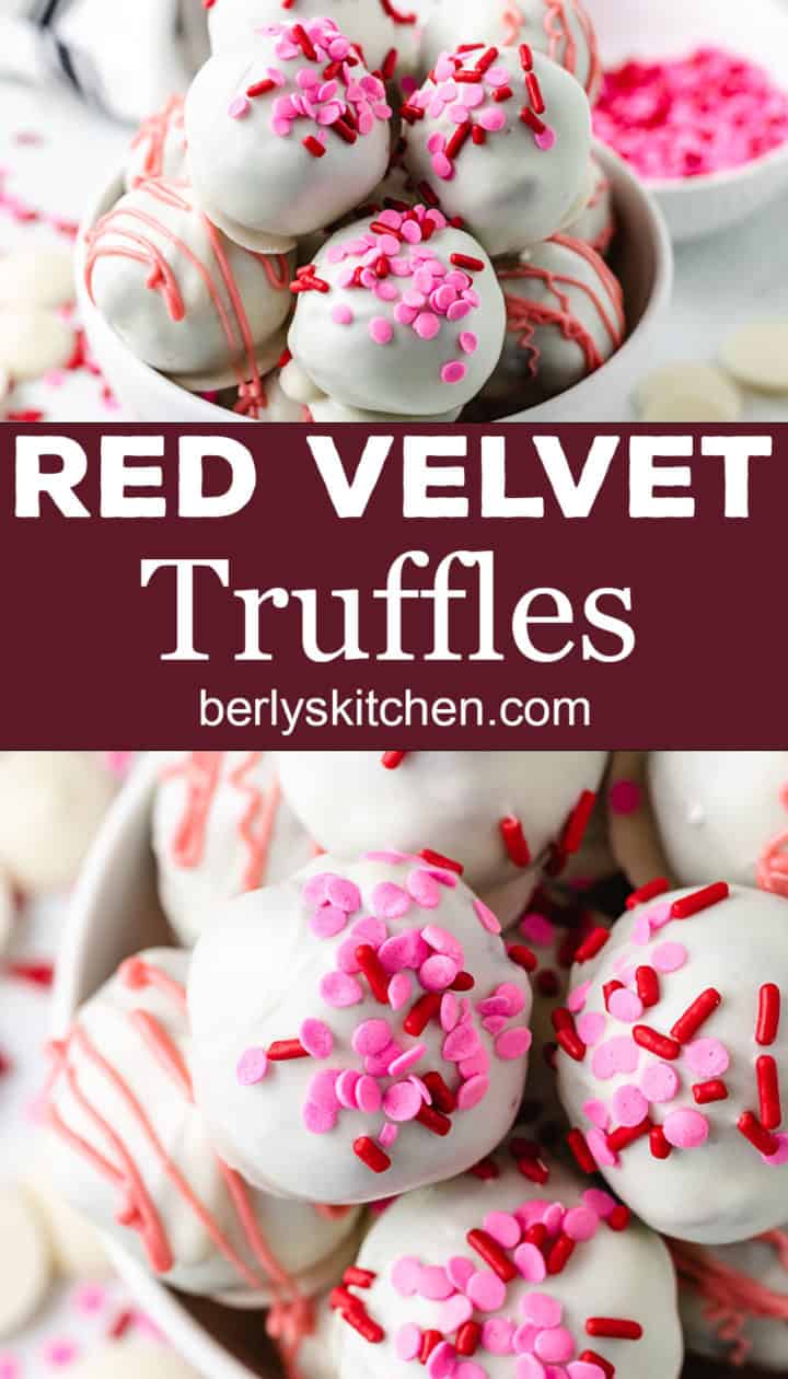 Two photos of red velvet truffles in white bowls.
