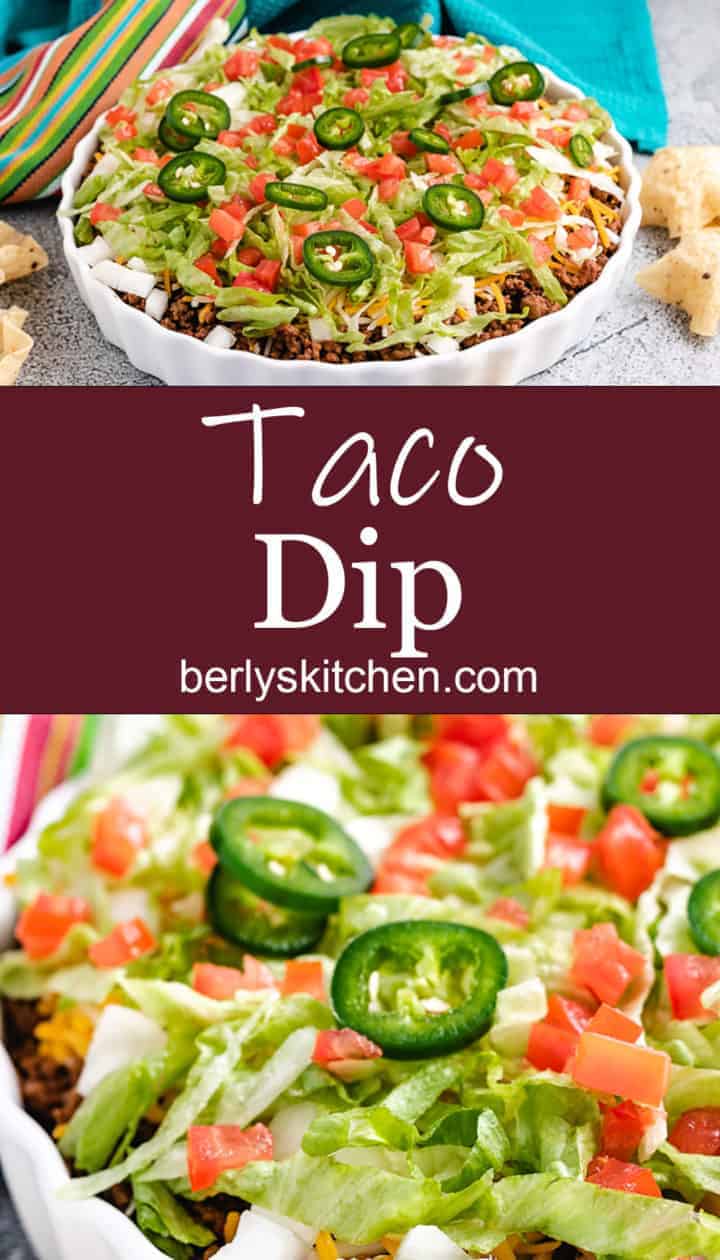 Collage photo of taco dip in a white serving dish.