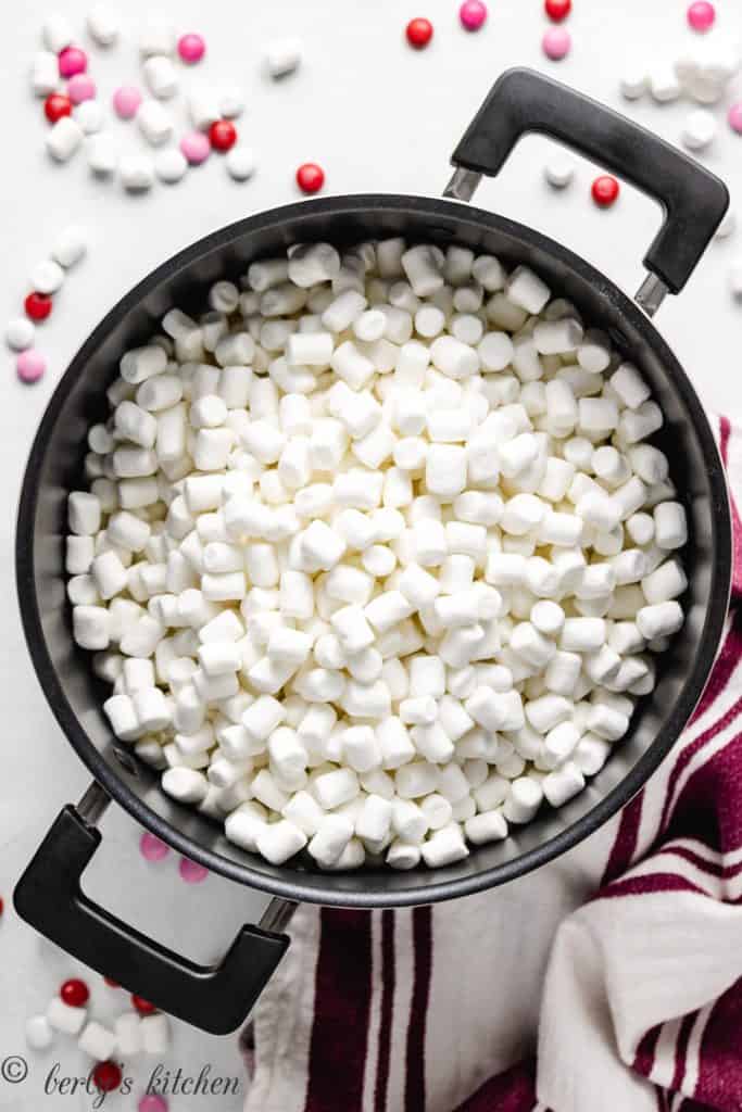 Mini marshmallows in a large saucepan.