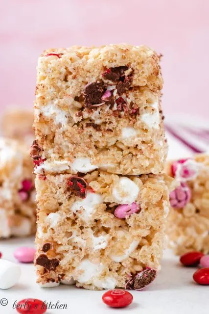 Valentine's Day rice krispie treats stacked.