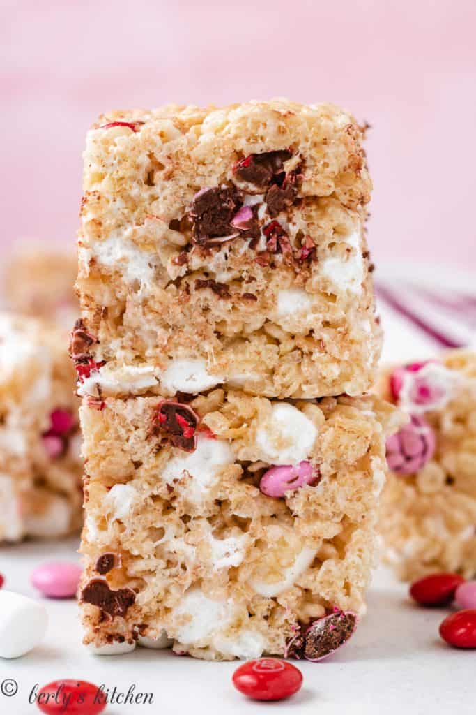Valentine's Day rice krispie treats stacked.