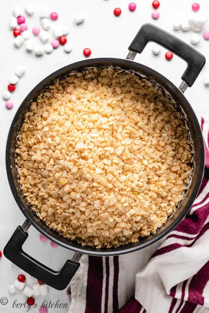 Rice cereal in a large saucepan.
