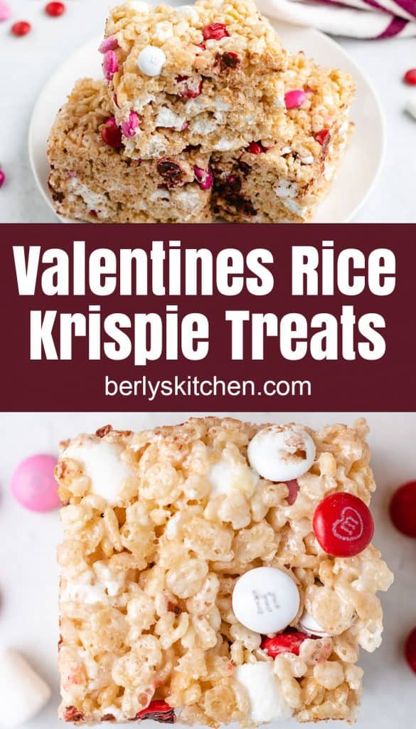 Two collage style photos of rice krispie treats with chocolate candies.