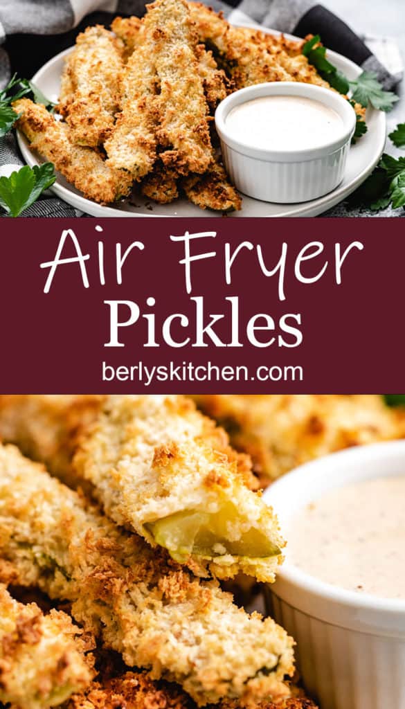 Collage style photo of air fried pickle pickles with panko breading.