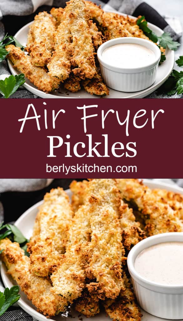 Pickle spears from the air fryer with ranch dressing.