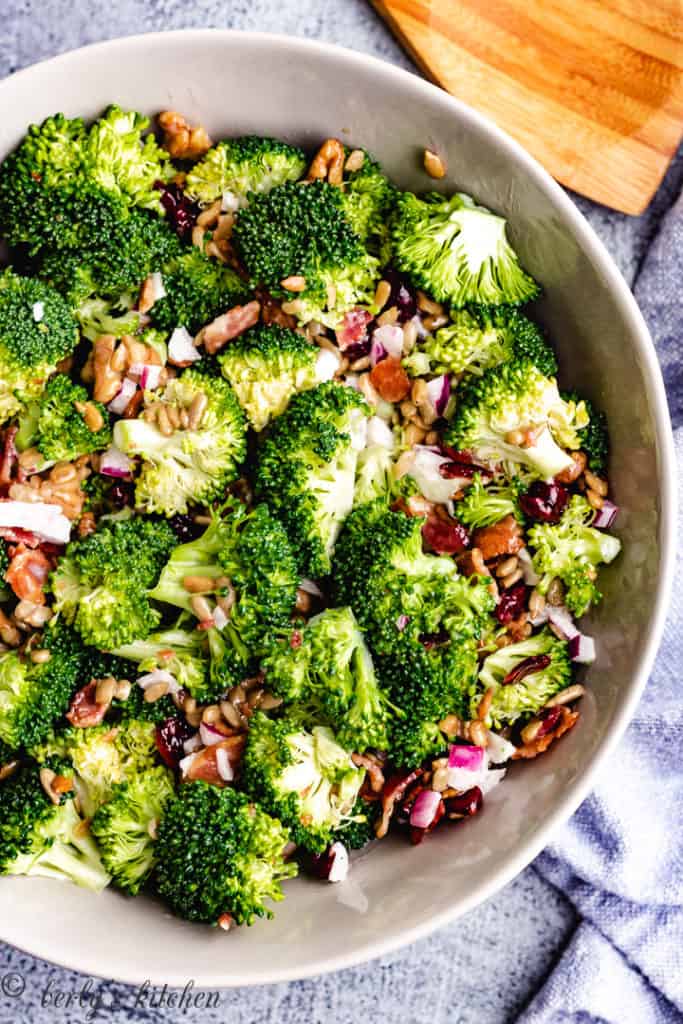 Top down view of broccoli salad in a bowl.
