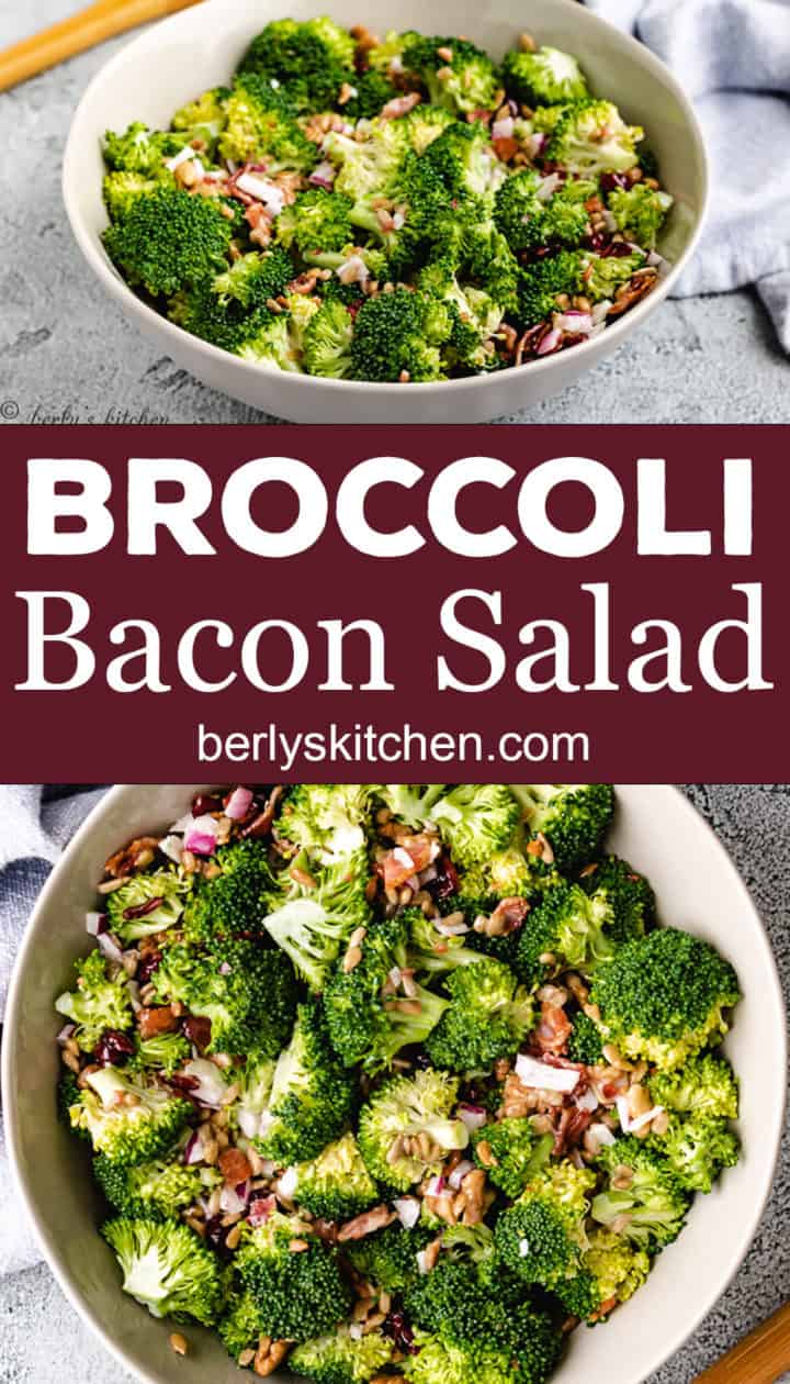 Collage style photo of broccoli salad in a large bowl.