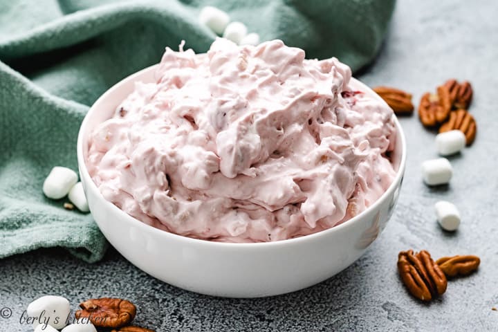 Cherry fluff in a white bowl.