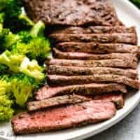 Flat iron steak and broccoli on a plate.