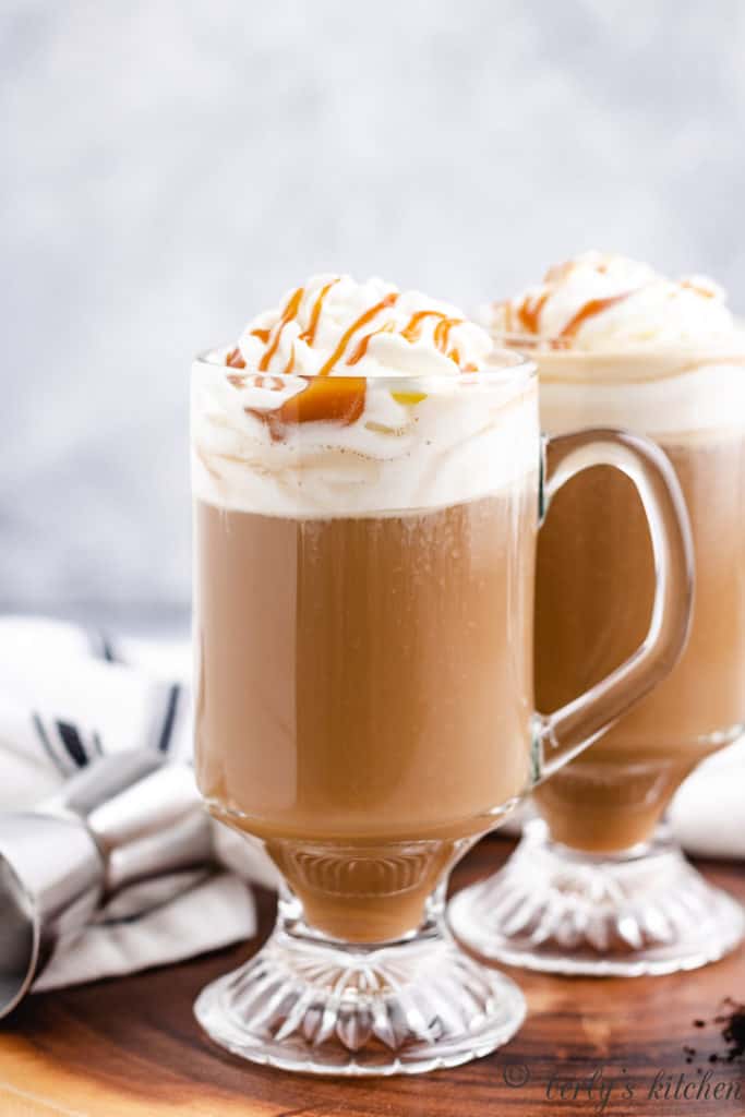 Frangelico coffee with homemade whipped cream and caramel.