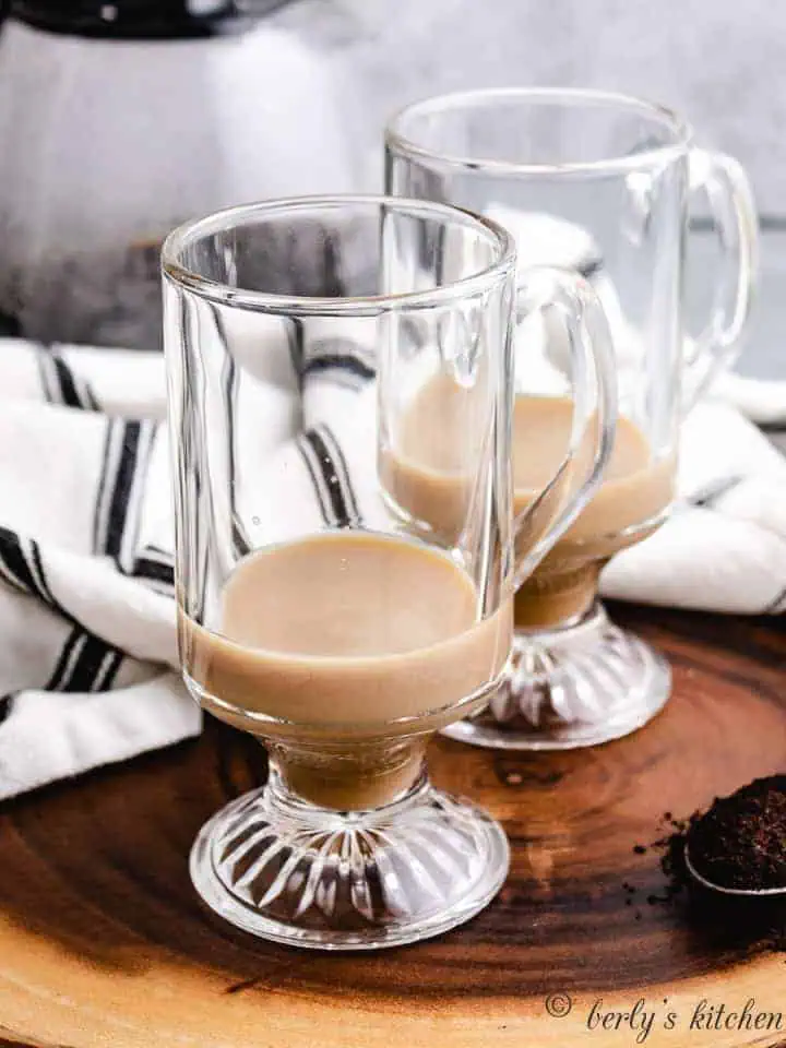 Frangelico, Irish cream, and Kahlua liqueur in a glass mug.