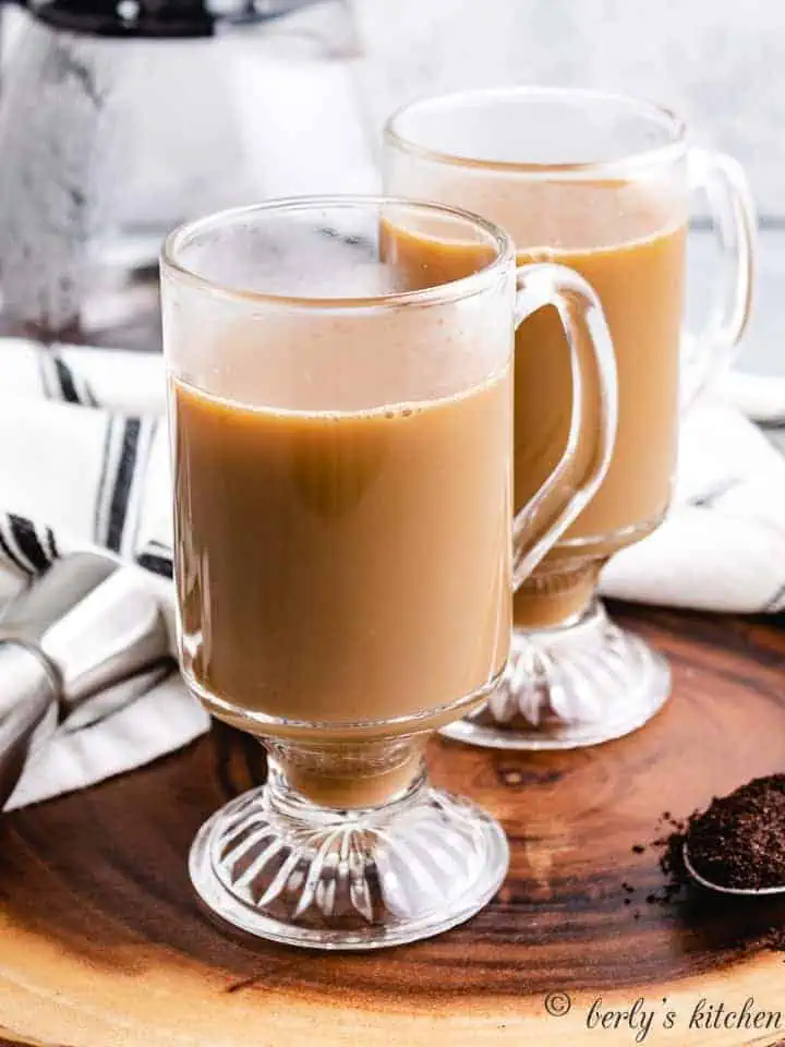 Coffee and Frangelico in a glass mug.