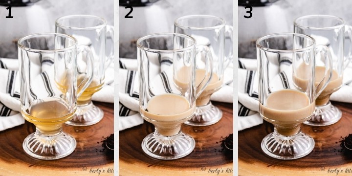 Collage style photo showing liqueurs being added to glasses.