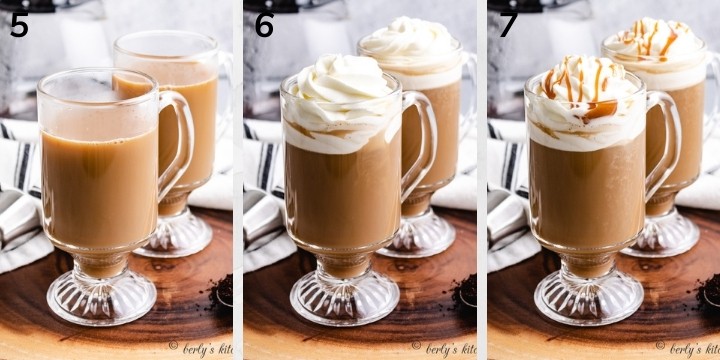 Collage style photo showing coffee and whipped cream being added to glasses.