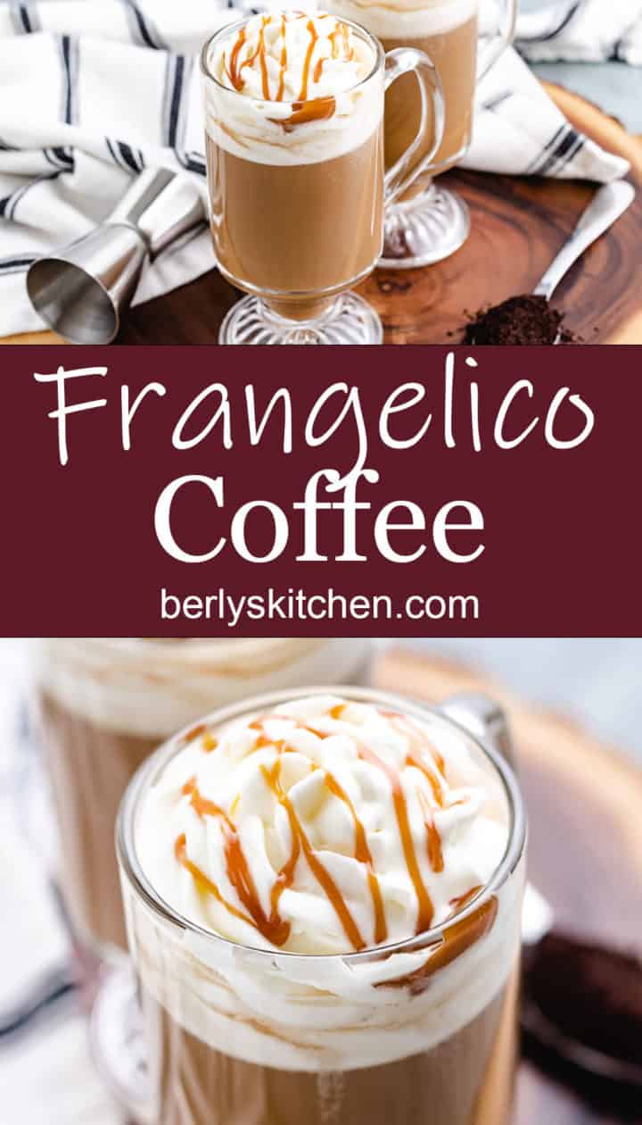 Collage style photo of hazelnut coffee with caramel.