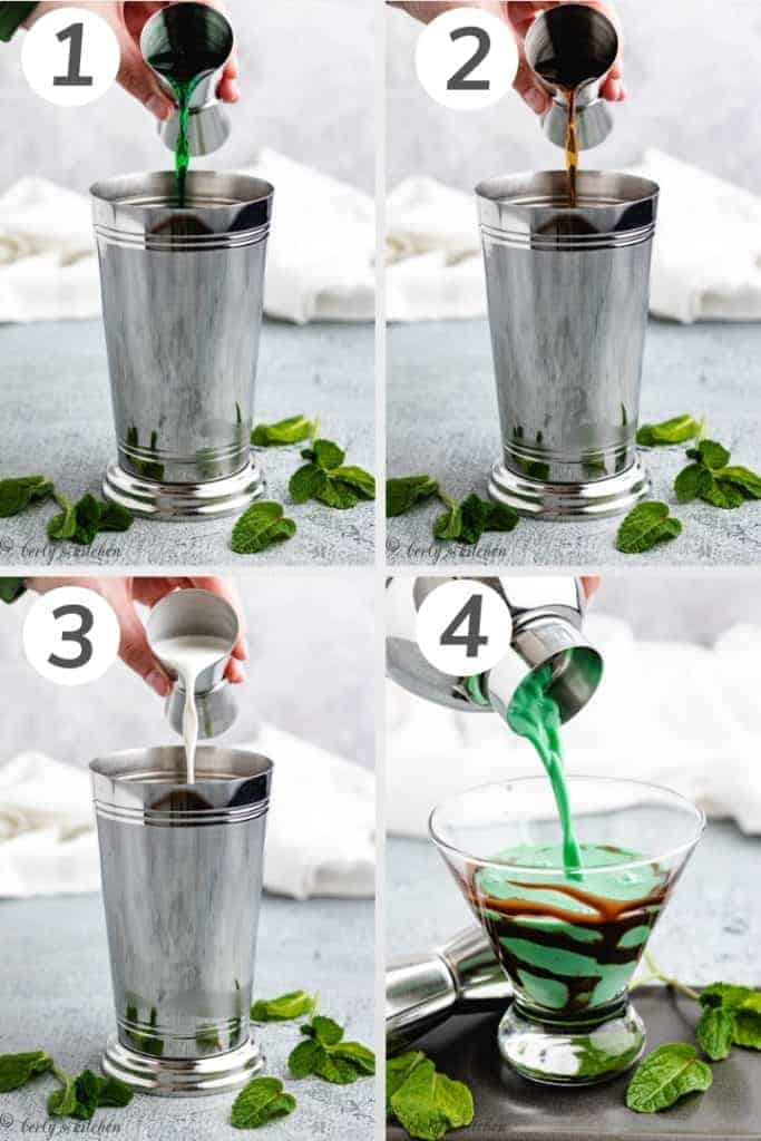 Collage style photo showing how to make a grasshopper cocktail.