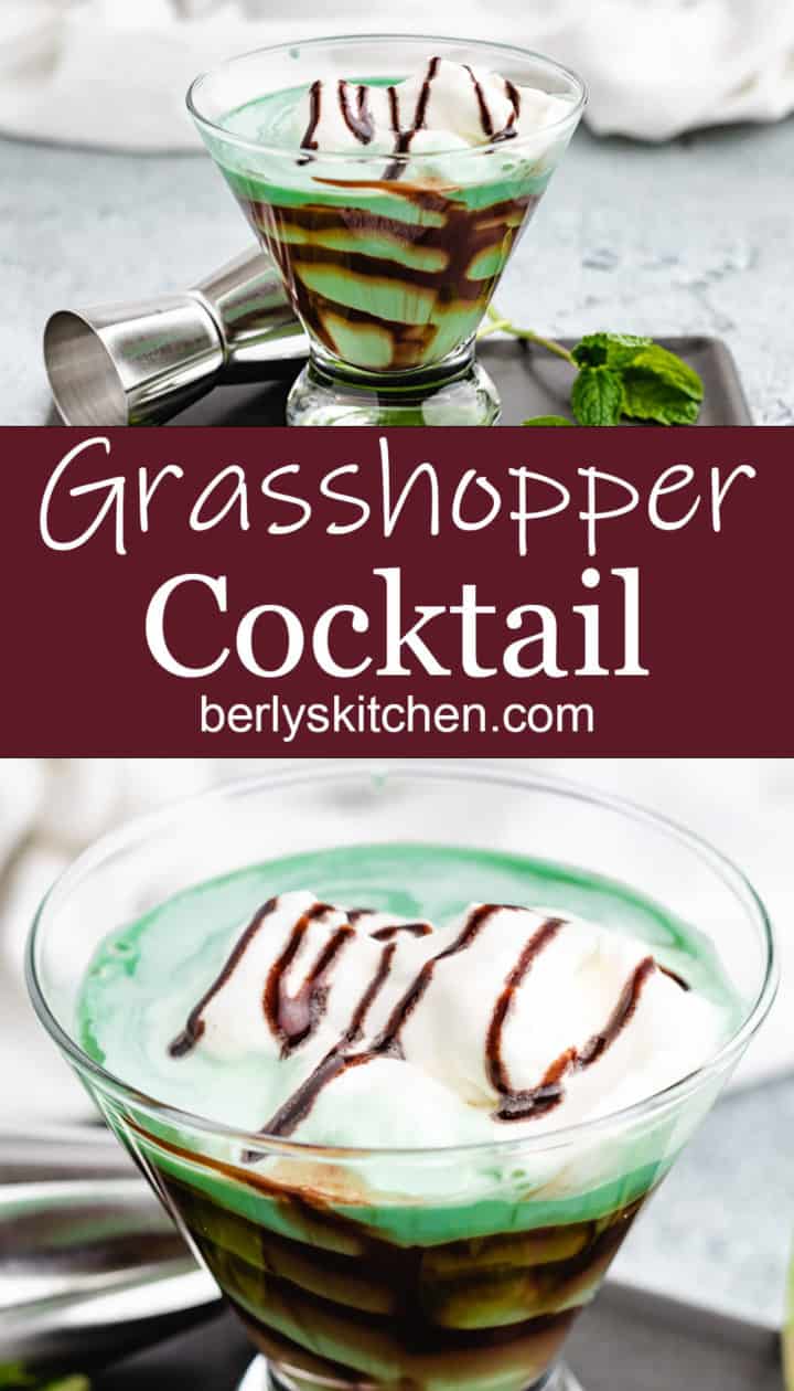 Collage style photo of grasshopper drink in a stemless glass.
