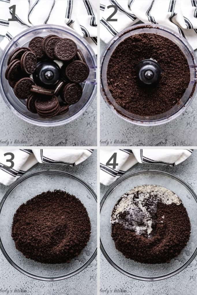 Collage style photo showing how to make cookie crumbs in a food processor.