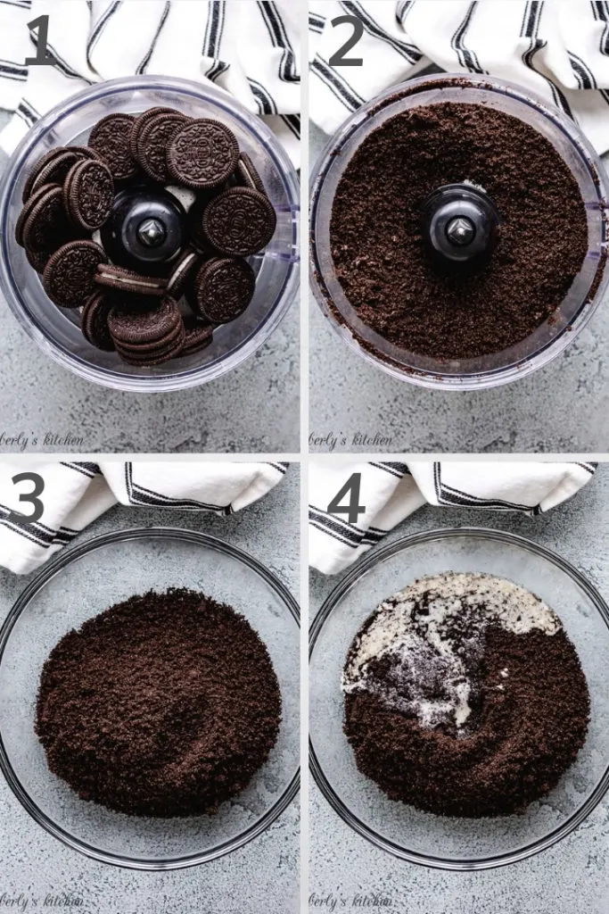Collage style photo showing how to make cookie crumbs in a food processor.
