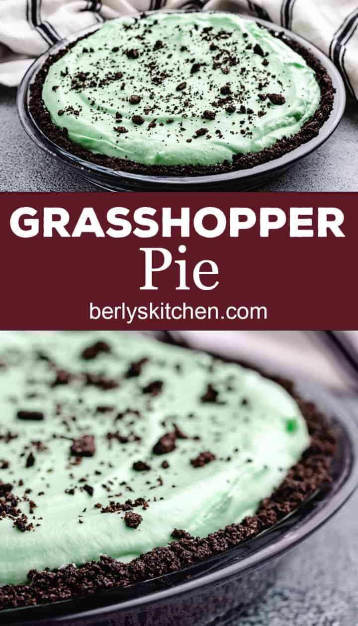 Collage style photo showing grasshopper pie with oreo topping.