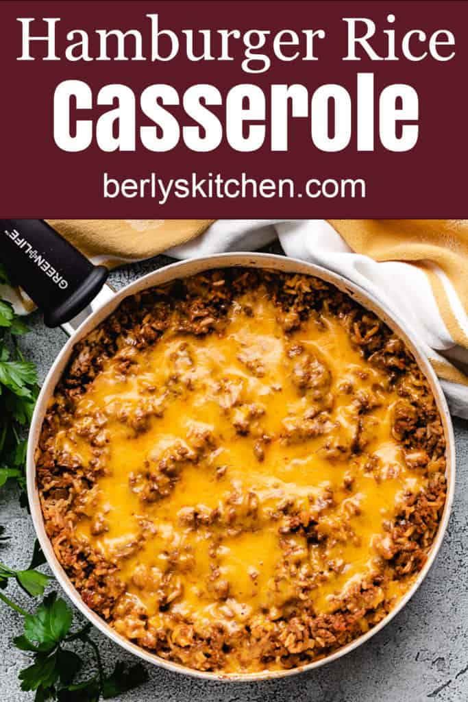 Cheesy hamburger casserole in a skillet.