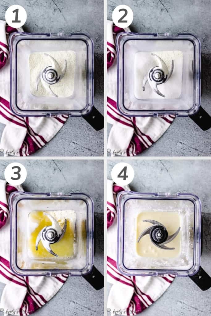 Collage style photo showing how to make homemade sweetened condensed milk.