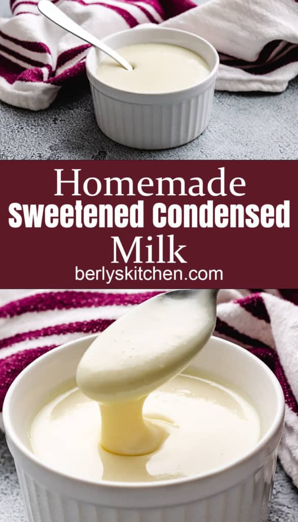 Collage style photo of a bowl of homemade sweetened condensed milk.