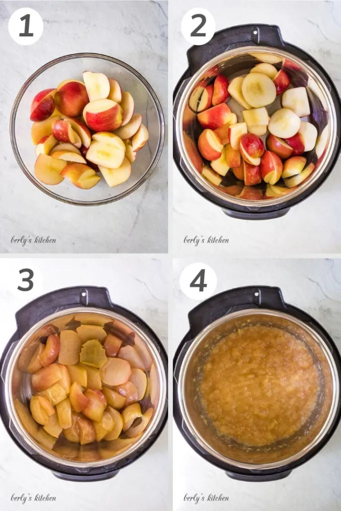 Collage style photo of how to make Instant Pot applesauce.