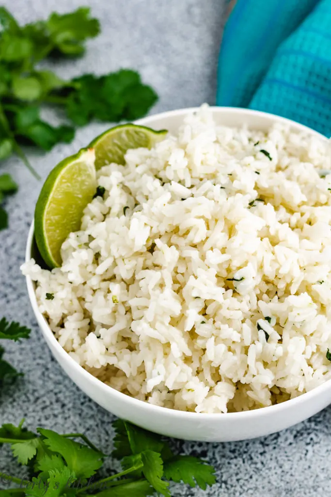 Close up view of cilantro lime rice in a bowl.