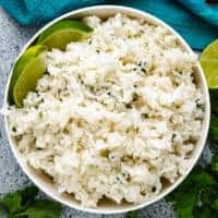 Top down photo showing rice in a bowl.