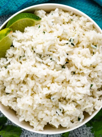 Top down photo showing rice in a bowl.