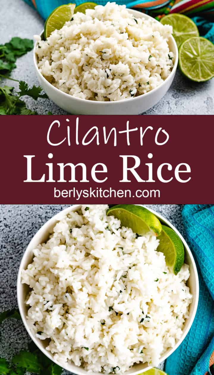 Collage style photo of cilantro lime rice in bowls.