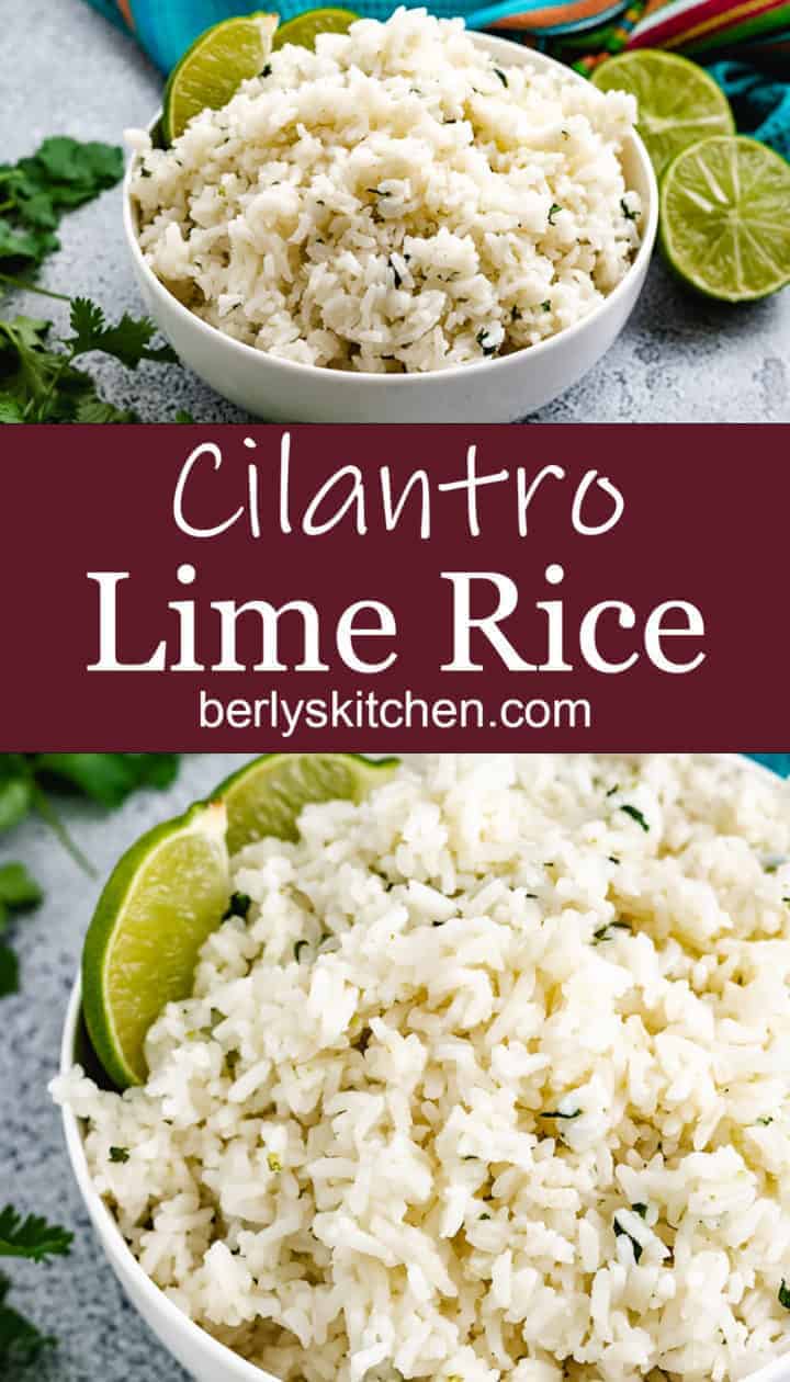 Cilantro lime rice with fresh lime wedges.