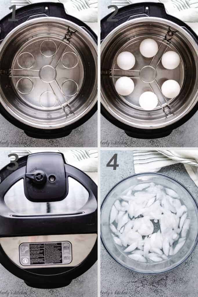 Collage style photo showing how to make boiled eggs in the instant pot.